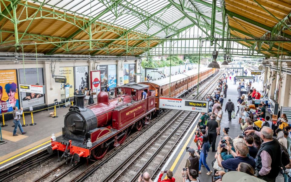 Metropolitan 'E' 0-4-4T No. 1 arriving at Ealing Broadway station to commemorate the 150th anniversary of the District line