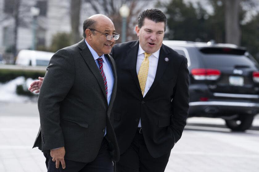 UNITED STATES - JANUARY 13: Reps. Lou Correa, D-Calif., left, and Jay Obernolte, R-Calif., are seen outside the U.S. Capitol as the House voted to pass the The Freedom to Vote: John R. Lewis Act on Thursday, January 13, 2022. (Photo By Tom Williams/CQ-Roll Call, Inc via Getty Images)