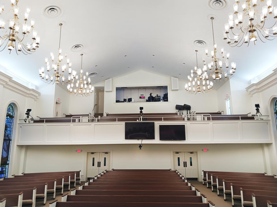 JVC cameras looking down onto a church for broadcasting.