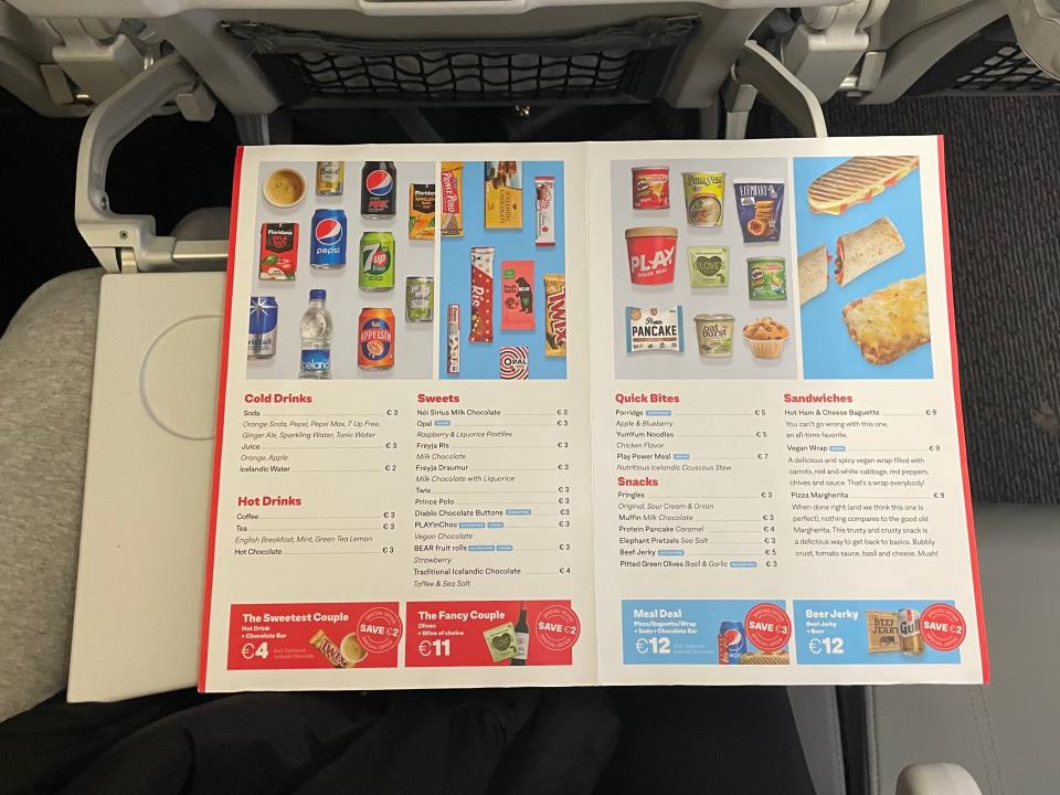 Snacks and beverages menu on PLAY Airlines flight Asia London Palomba PLAY Airlines review