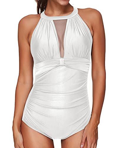 12) Plunge V-Neck Mesh Ruched Swimsuit