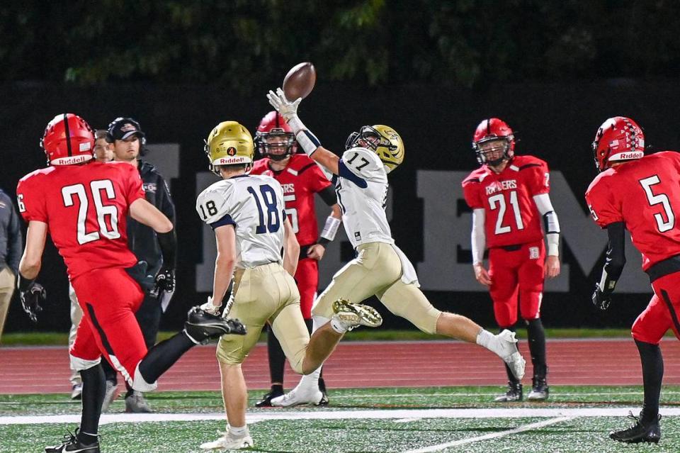 Bald Eagle Area’s Gavin Burns leaps to catch a pass to advance the Eagles downfield during a game against Bellefonte on Friday, Sept. 29, 2023.