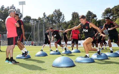 Ander Herrera of Manchester United in action with his team-mates during a Manchester United pre-season training session at UCLA on July 16, 2018 in Los Angeles, California - Credit: Getty Images