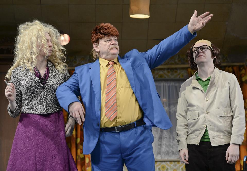 Brendan Gleeson (Center), with his two sons (L-R) Domhnall Gleeson and Brian Gleeson, during a rehearsal of The Walworth Farce, a major new production of Enda Walsh's furiously funny play. Olympia Theatre, Dublin, Ireland. 9 January 2015