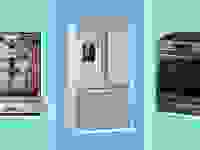 A collage showing off a dishwasher, a refrigerator and an oven.