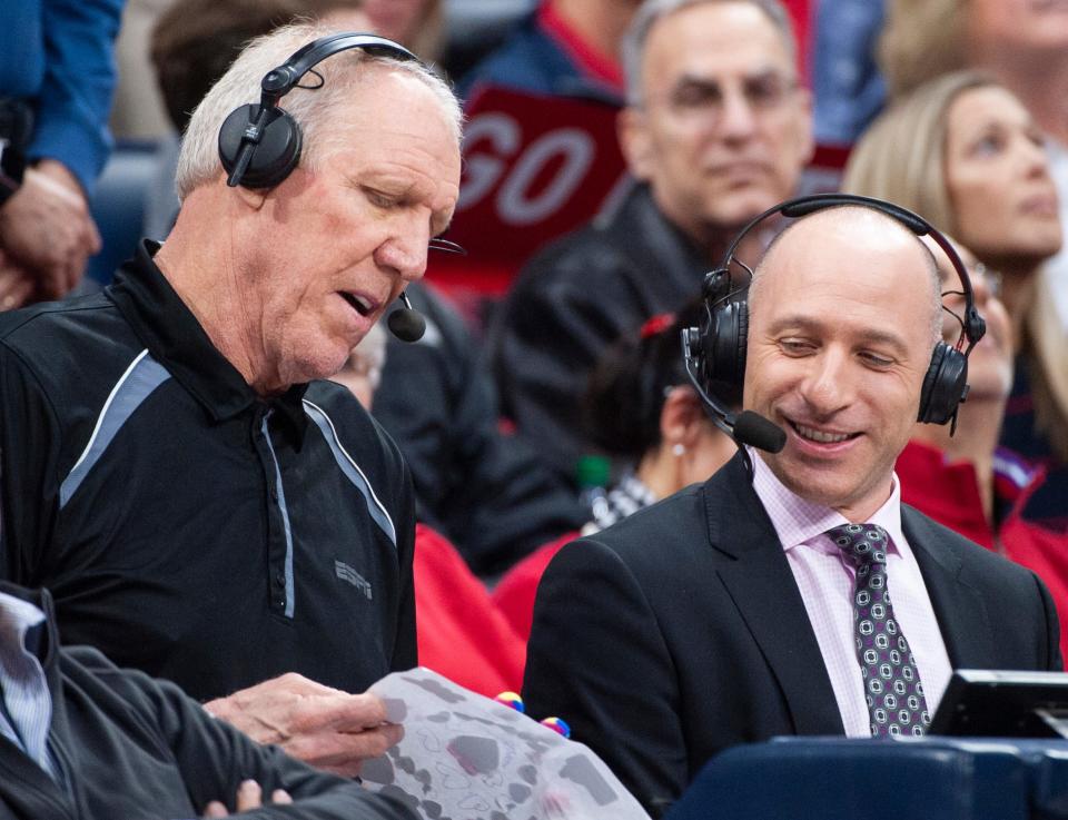 Feb 7, 2019: Pac-12 basketball analysts Bill Walton (left) and Dave Pasch (right) look on as the Arizona Wildcats play the Washington Huskies during the first half at McKale Center.