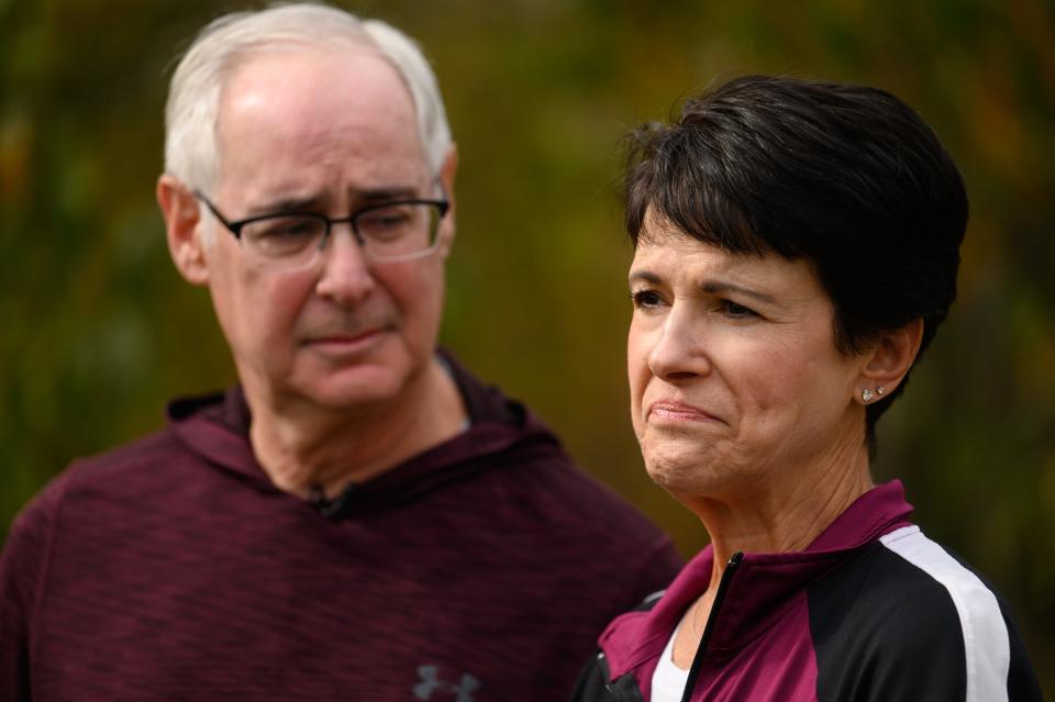 Andrea Wedner, the daughter of Rose Mallinger, one of the victims of the Tree of Life synagogue shooting, stands with her husband Ron at a unveiling of an art project created by students on Wednesday, October 25, 2023, at Greenfield Elementary School in Pittsburgh. The students plan to act as ambassadors to escort family members during the commemoration ceremony on Friday, marking five years after the shooting.