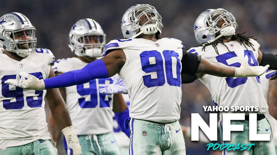 Demarcus Lawrence and the Dallas Cowboys defense celebrate during a game in 2019. (Photo by Andrew Dieb/Icon Sportswire via Getty Images)