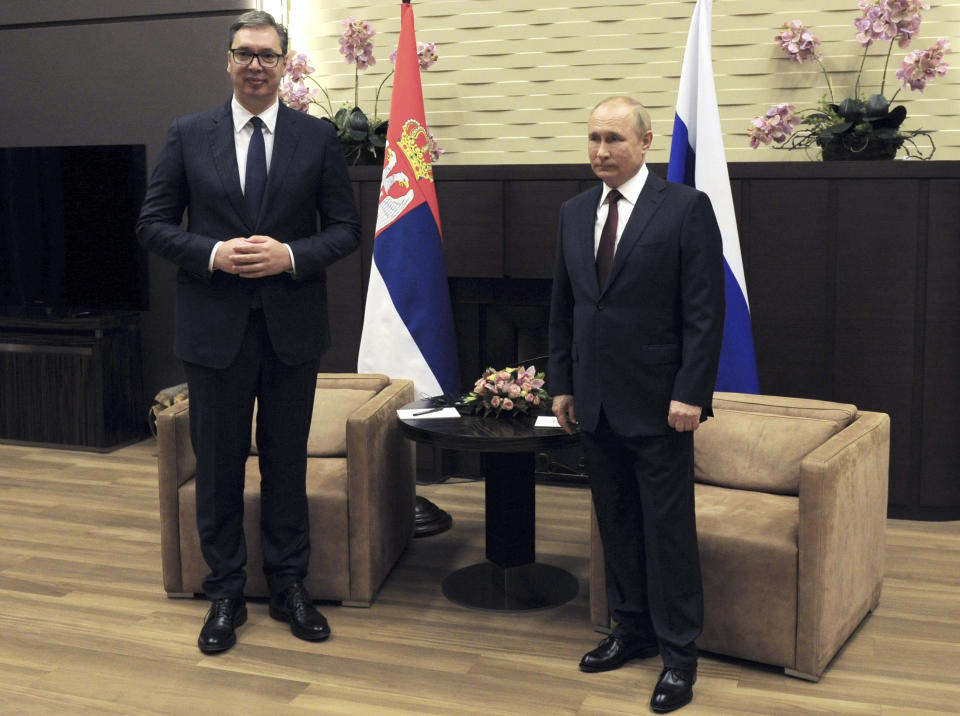 Russian President Vladimir Putin, right, and Serbian President Aleksandar Vucic pose during their meeting in Sochi, Russia, Thursday, Nov. 25, 2021. (Mikhail Klimentyev, Sputnik, Kremlin Pool Photo via AP)