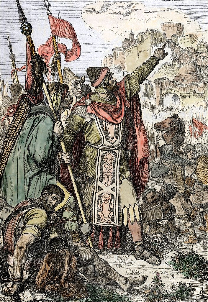 attila shows to his soldiers the city of aquileia before the destruction 452