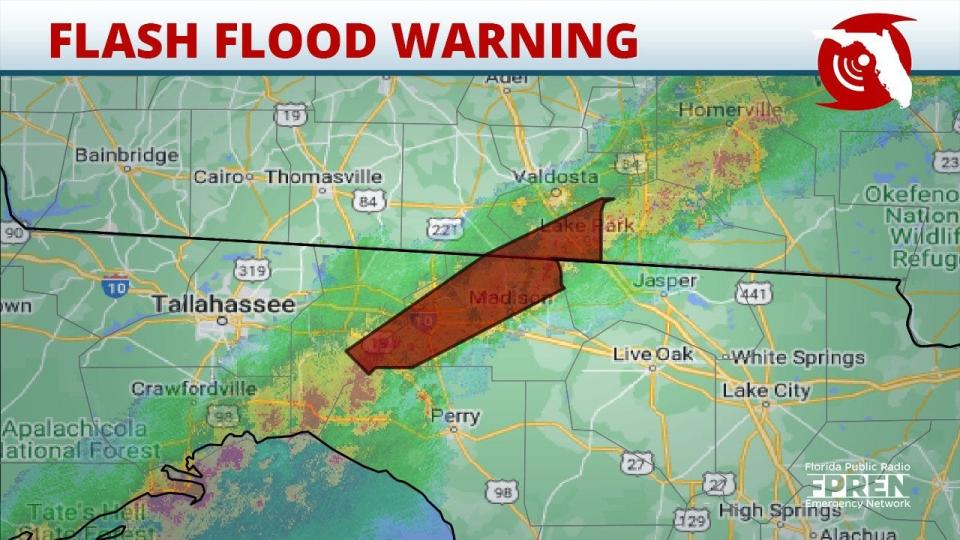 A flash flood warning has been issued for Jefferson am Madison counties in Florida and Brooks and Lowndes counties in Georgia until 3:45 p.m. Feb. 10, 2023.