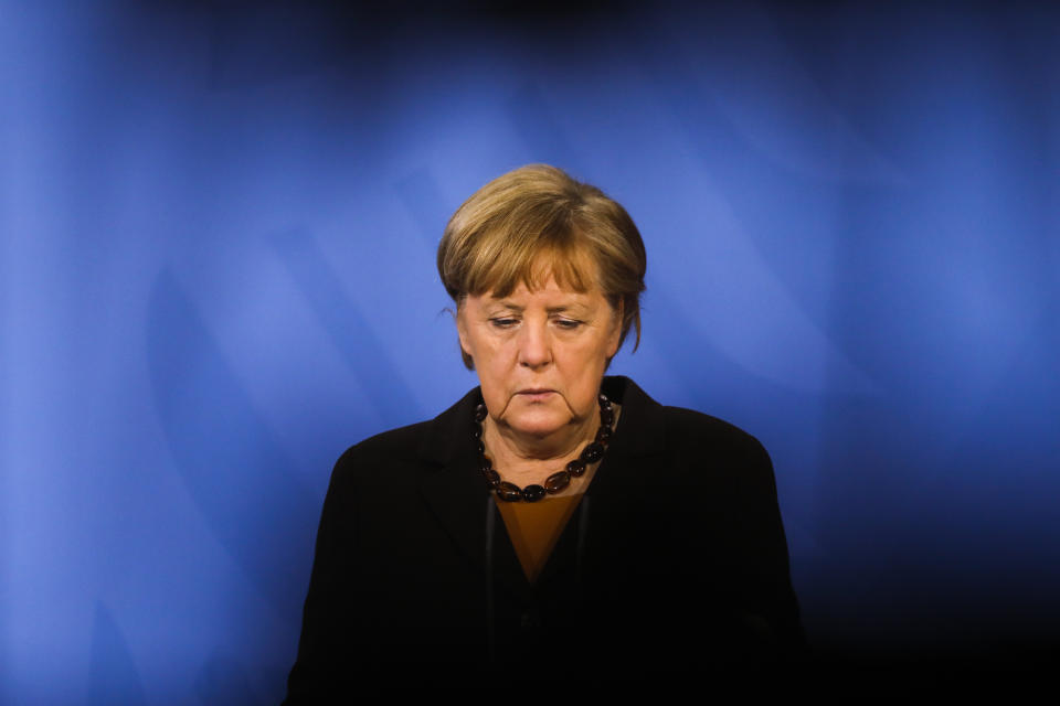 German Chancellor Angela Merkel briefs the media after a virtual meeting with federal state governors at the chancellery in Berlin, Germany, Tuesday, March 30, 2021. German health officials agreed Tuesday to restrict the use of AstraZeneca's coronavirus vaccine in people under 60 amid fresh concern over unusual blood clots reported from those who received the shots. (AP Photo/Markus Schreiber, pool)