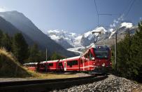 <p>Bernina Express offers a spectacular four-hour tour through the <b><a href="https://www.thedailymeal.com/free-tagging-cuisine/swiss-alps" rel="nofollow noopener" target="_blank" data-ylk="slk:Swiss Alps;elm:context_link;itc:0;sec:content-canvas" class="link ">Swiss Alps</a></b>, where you'll wind through the mountainous landscape as you head toward Tirano, <b><a href="https://www.thedailymeal.com/free-tagging-cuisine/italy" rel="nofollow noopener" target="_blank" data-ylk="slk:Italy;elm:context_link;itc:0;sec:content-canvas" class="link ">Italy</a></b>, from Chur, <b><a href="https://www.thedailymeal.com/free-tagging-cuisine/switzerland" rel="nofollow noopener" target="_blank" data-ylk="slk:Switzerland;elm:context_link;itc:0;sec:content-canvas" class="link ">Switzerland</a></b>. The route, from beginning to end, has 25 stops that will take your through 55 tunnels and over 196 bridges - quite the scenic journey.</p>