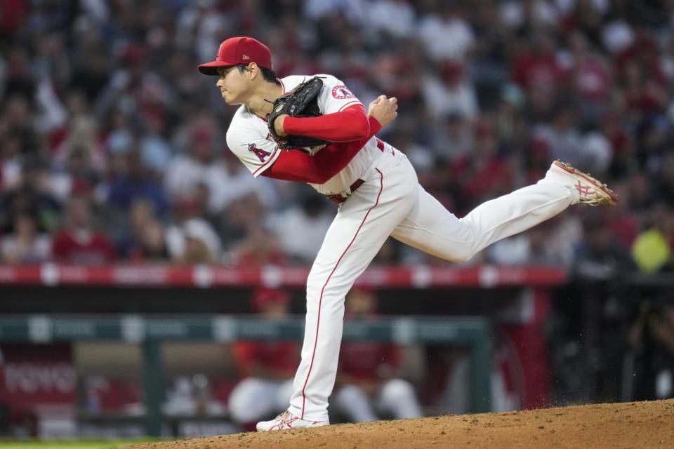 Angels pitcher Shohei Ohtani throws against the Boston Red Sox.