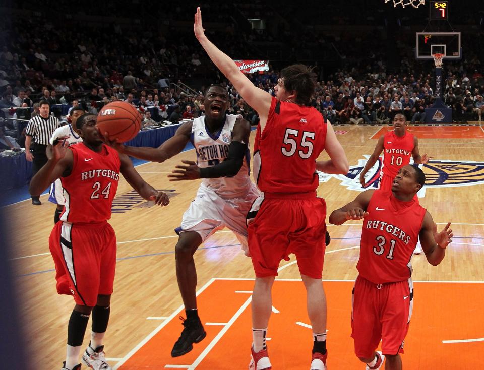 Jeremy Hazell of Seton Hall shoots against Gilvydas Biruta of Rutgers in 2011.