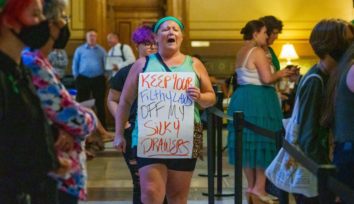 Valerie Smith yells an abortion rights chant Aug. 2 outside the House Chambers at the Indiana Statehouse, in Indianapolis. Smith came to the Statehouse at least six times to protest SB1, an abortion ban. SB1 was signed by the governor Aug. 6. The bill bans abortions in Indiana, with a few exceptions.