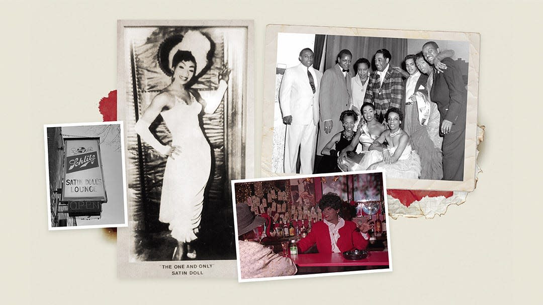 Minnette Wilson was a former dancer who was close friends with Augie. Bottom: Wilson in her bar, the Satin Doll Lounge, in 1996. Top right: Wilson is pictured in the bottom row with Duke Ellington’s hands on her shoulder.
