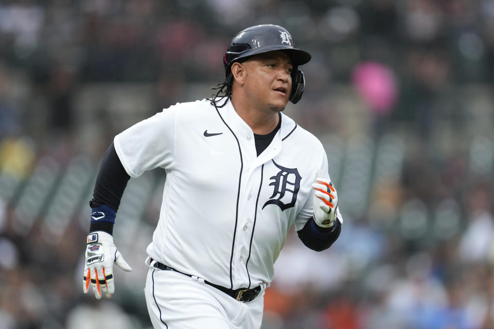 Detroit Tigers' Miguel Cabrera runs out a single against the Minnesota Twins in the fifth inning of a baseball game, Friday, June 23, 2023, in Detroit. (AP Photo/Paul Sancya)