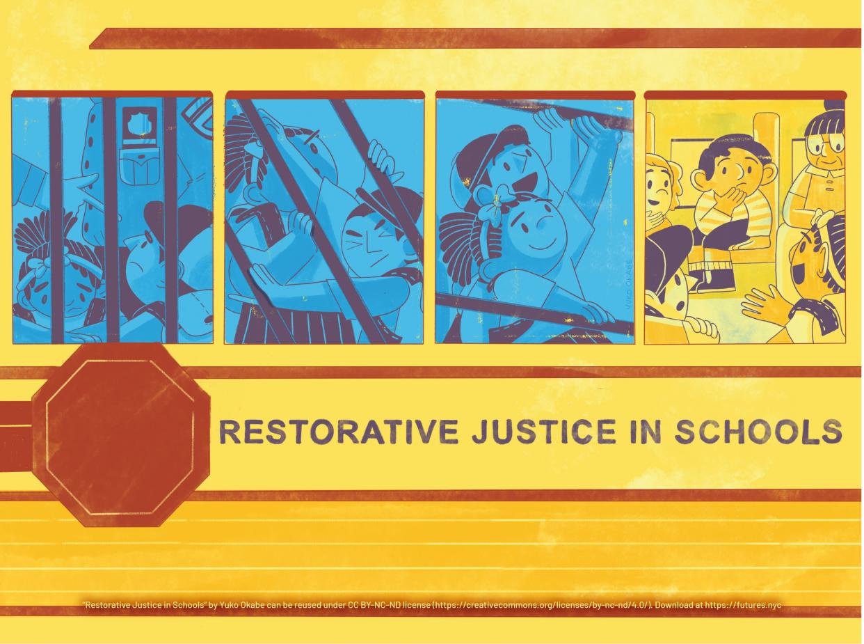 A poster by Yuko Okabe shows a school bus with prison bars for windows.