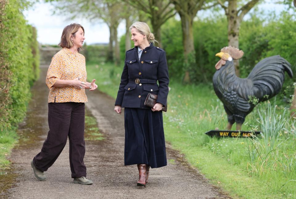 Sophie, Duchess Of Edinburgh (R) speaks with head gardener Sarah Mead during her visit to Yeo Valley Farm on April 17, 2024 in Blagdon, England. 