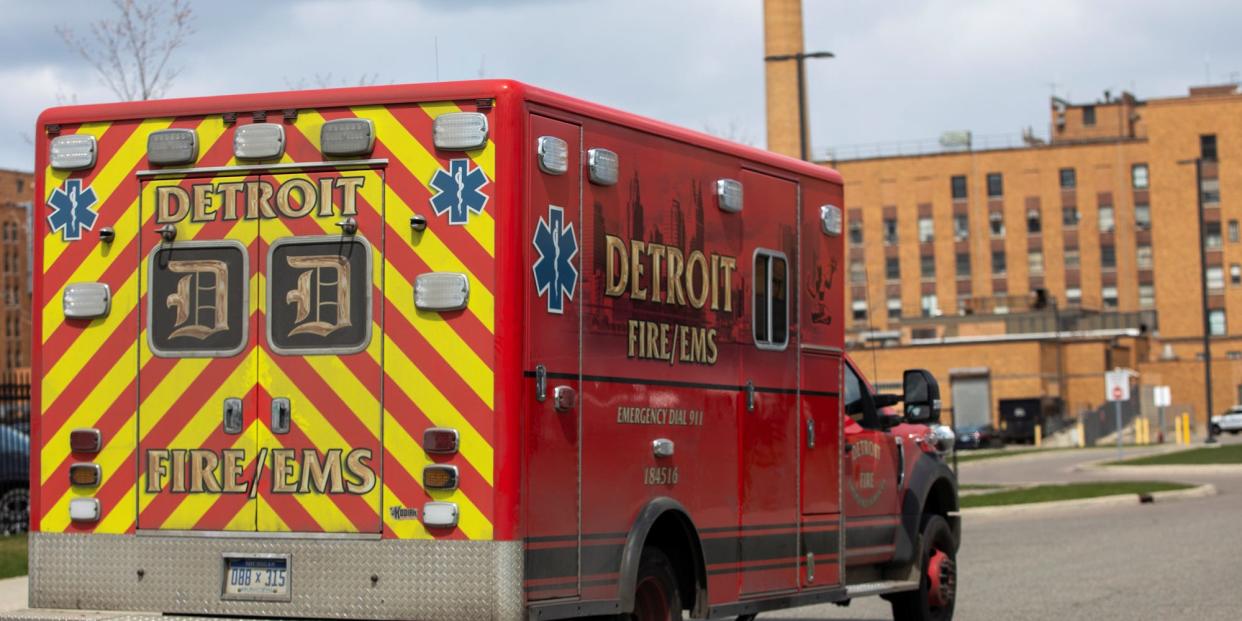 An ambulance pulls into the DMC Sinai-Grace Hospital emergency entrance amid an outbreak of the coronavirus disease in Detroit, Michigan, on April 14.