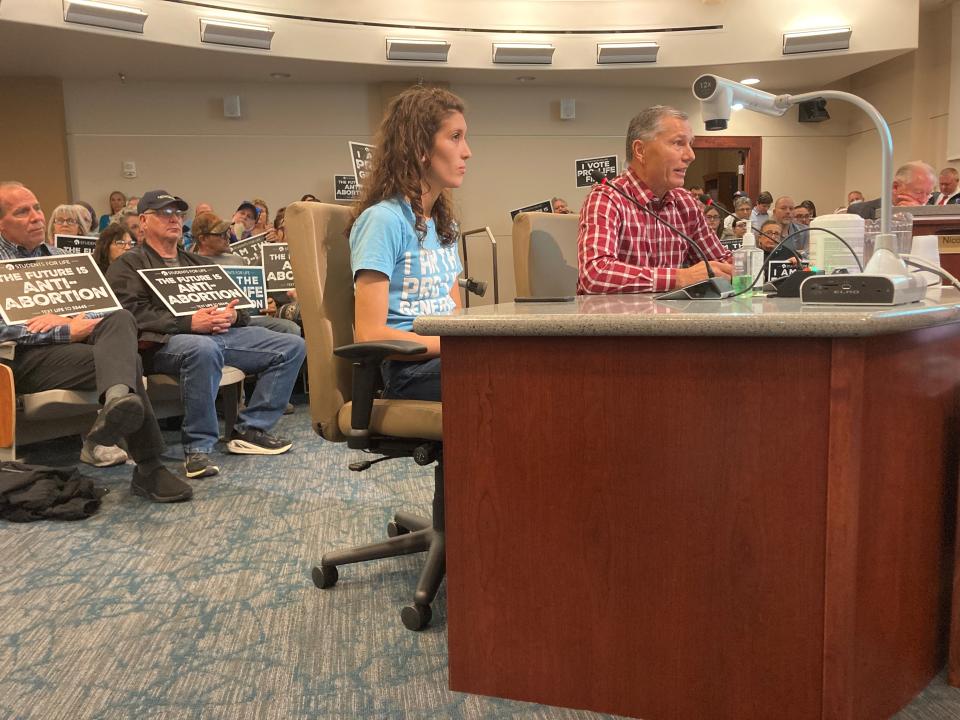 Pueblo Christian Center Pastor Steve Cornella (right) and Brooke Faulkner, the Rocky Mountain regional coordinator of Students for Life, speak during public comment at Pueblo City Council on November 28.