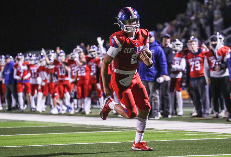 CAL's Cole Hodge runs for a touchdown in the second quarter of the 3A KHSAA football semifinal Friday night in Louisville. The Centurions were up 36-7 at halftime. Nov. 25, 2022.
(Photo: Matt Stone/Courier Journal)