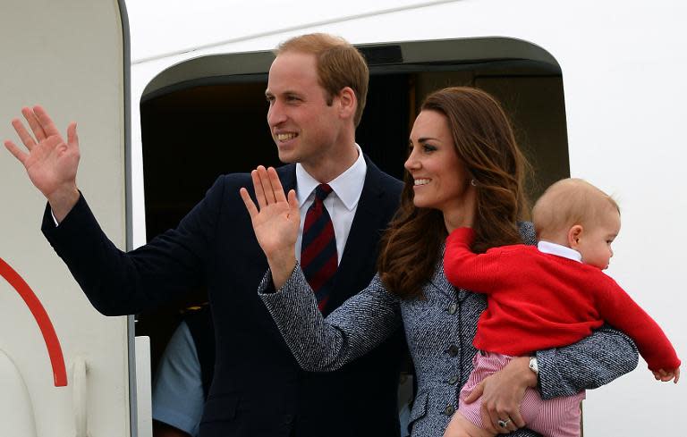 Britain's Prince William (L), his wife Catherine and their son Prince George depart in Canberra on April 25, 2014