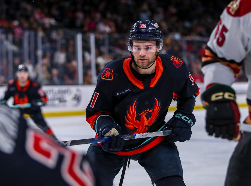 Coachella Valley forward Shane Wright (51) keeps his eyes on the puck after a face off during the third period of their game at Acrisure Arena in Palm Desert, Calif., Wednesday, April 17, 2024.