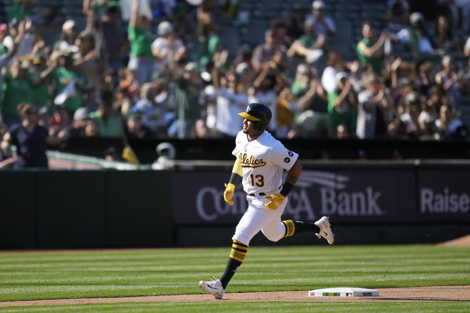 Oakland Athletics' Jordan Diaz rounds the bases after hitting a home run during the fifth inning of a baseball game against the San Francisco Giants in Oakland, Calif., Saturday, Aug. 5, 2023. (AP Photo/Jeff Chiu)