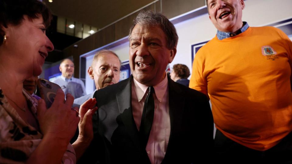 PHOTO: Westchester County Executive George Latimer speaks to supporters after winning his race against Democratic incumbent Representative Jamaal Bowman in the 16th Congressional District of New York's Democratic primary. (Spencer Platt/Getty Images)