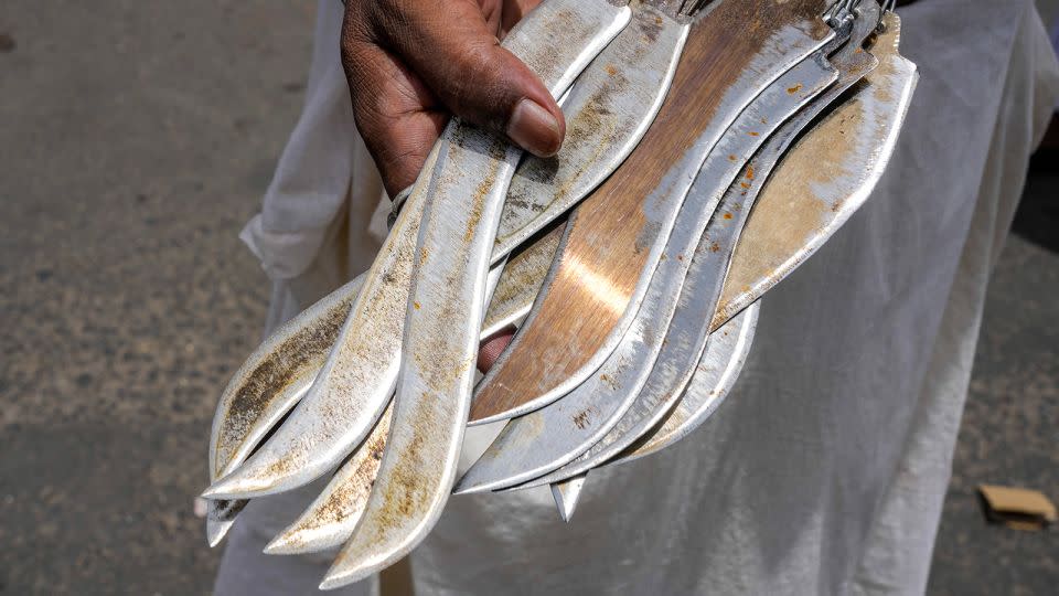 Knives for flagellation rituals up close in Kolkata, India. - Bikas Das/AP