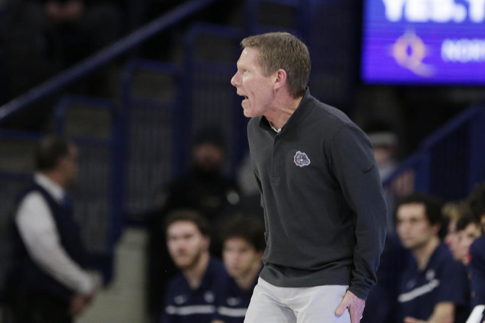 Gonzaga head coach Mark Few directs his team during the first half of an NCAA college basketball game against Northern Illinois, Monday, Dec. 12, 2022, in Spokane, Wash. (AP Photo/Young Kwak)