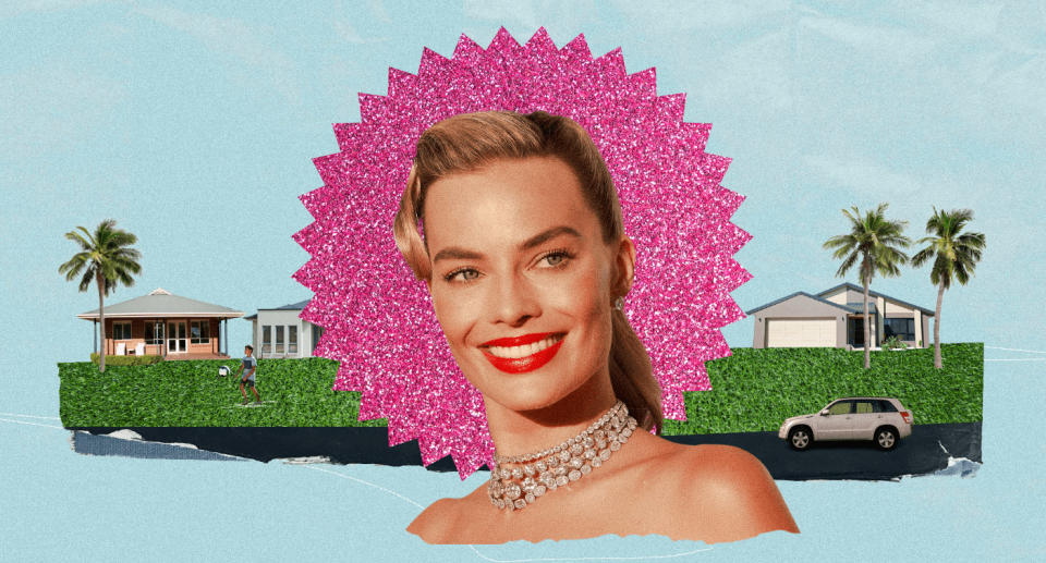 Graphic of Margot Robbie imposed on a glittery pink star and suburban street