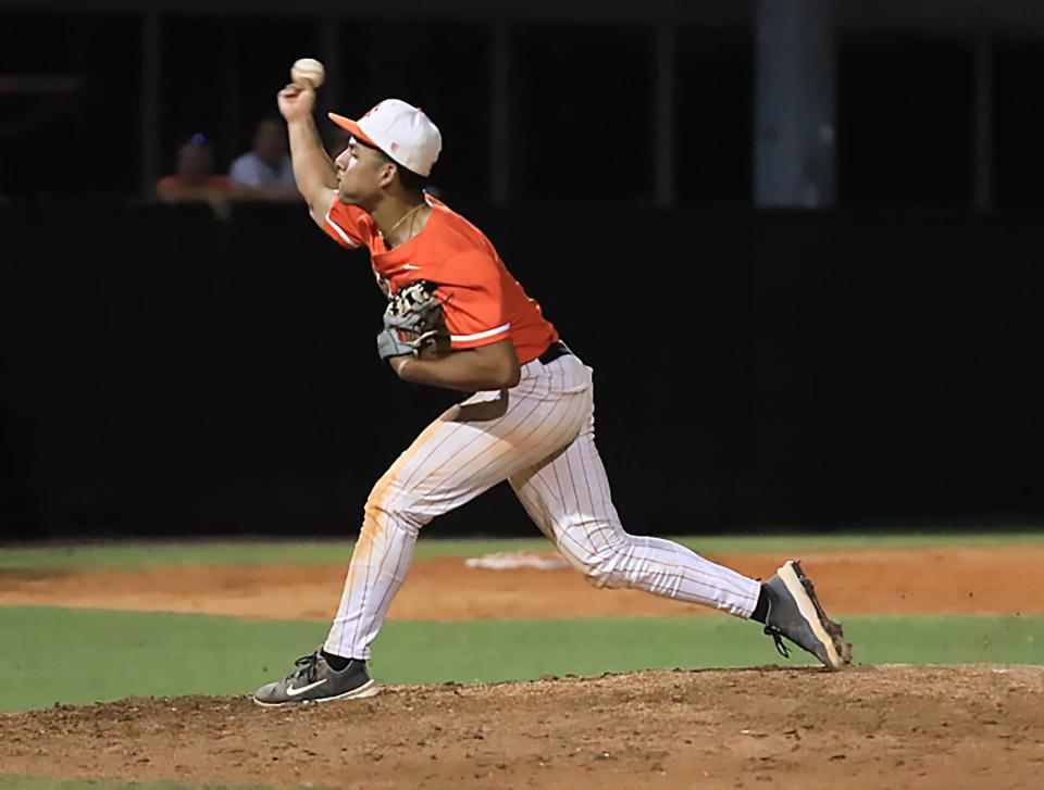 Peyson Garcia (7) pitches against Bartram Trail in the Region 1-7A quarterfinals hosted by Spruce Creek High School on Tuesday, May 7, 2024.