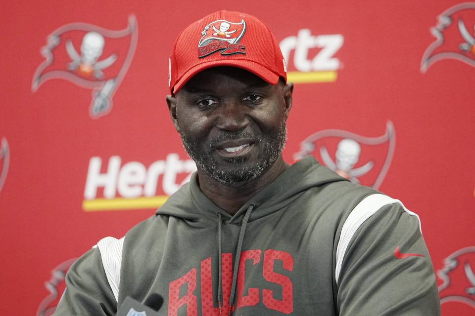Tampa Bay Buccaneers head coach Todd Bowles talks to the media after an NFL football game Sunday, Oct. 23, 2022, in Charlotte, N.C. (AP Photo/Rusty Jones)