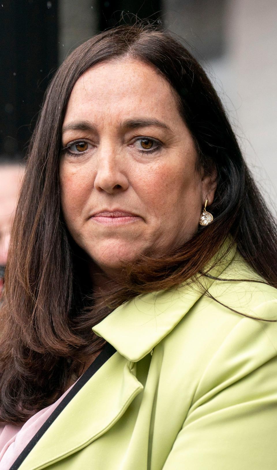 Bucks County District Attorney, Jennifer Schorn addresses the press after the arraignment of Andre Gordon Jr., a triple murder suspect, at the Bucks County 07-1-10 Magisterial District Court in Falls Township on Wednesday, April 3, 2024.