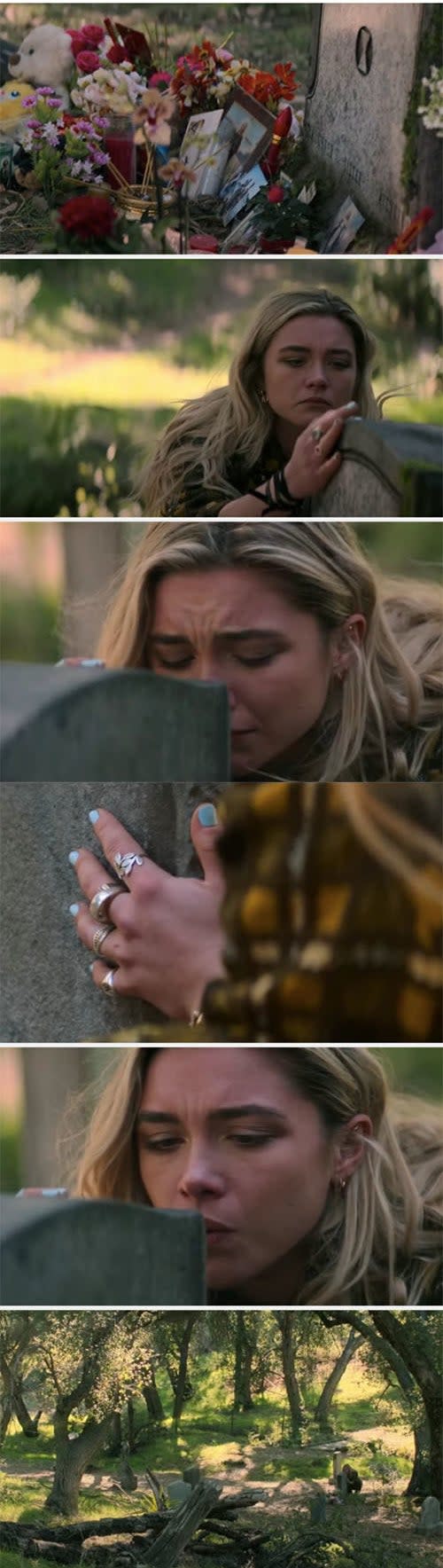 Yelena leaving flowers on Natasha's grave on "Black Widow"