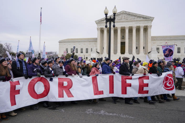 FILE - People participate in the March for Life outside the U.S. Supreme Court on Capitol Hill in Washington, Jan. 21, 2022. The annual March for Life will be held Friday, Jan. 20, 2023. (AP Photo/Patrick Semansky, File)