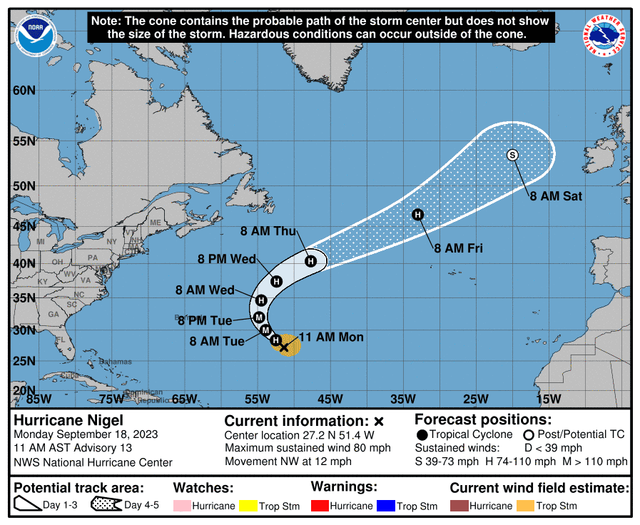 The forecast path of Hurricane Nigel, as of Monday September 18, 2023.