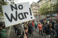 Protesters during the demonstration entitled 'Budapest's Blockade Against Erdogan's Visit' at the Oktogon in downtown Budapest, Hungary, Thursday, Nov. 7, 2019. (Zoltan Balogh/MTI via AP)