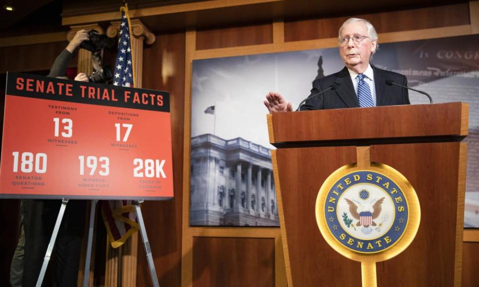 Mitch McConnell holds a press conference after the Senate voted to acquit Donald Trump in Washington DC, on 5 February.
