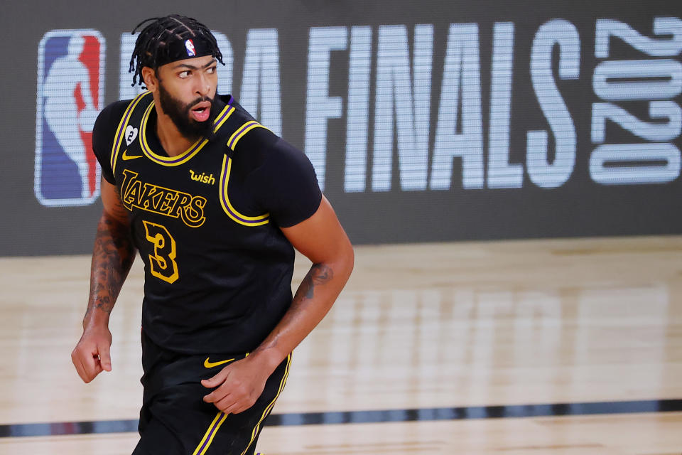 LAKE BUENA VISTA, FLORIDA - OCTOBER 02: Anthony Davis #3 of the Los Angeles Lakers reacts during the second half against the Miami Heat in Game Two of the 2020 NBA Finals at AdventHealth Arena at ESPN Wide World Of Sports Complex on October 02, 2020 in Lake Buena Vista, Florida. NOTE TO USER: User expressly acknowledges and agrees that, by downloading and or using this photograph, User is consenting to the terms and conditions of the Getty Images License Agreement. (Photo by Kevin C. Cox/Getty Images)