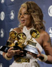 FILE - Mary J. Blige holds the awards she won for best R&B female vocal performance, best R&B album and best R&B song backstage at the 49th Annual Grammy Awards in Los Angeles on Feb. 11, 2007. Johnta Austin was a song of the year nominee with Blige’s “Be Without You,” which spent 15 weeks on top of the R&B charts. (AP Photo/Mark J. Terrill, File)