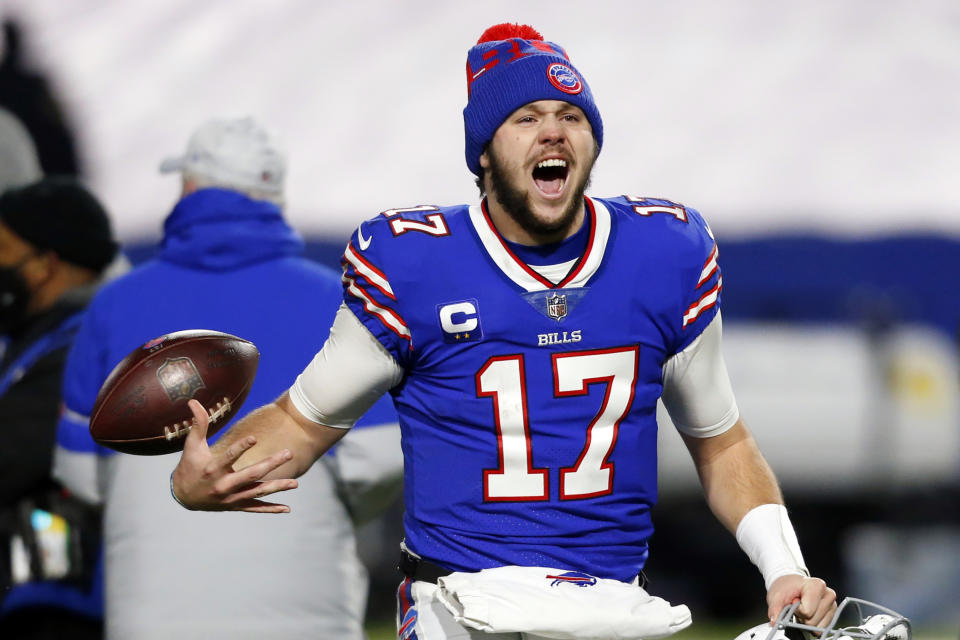 Buffalo Bills quarterback Josh Allen (17) celebrates after an NFL divisional round football game against the Baltimore Ravens Saturday, Jan. 16, 2021, in Orchard Park, N.Y. The Bills won 17-3. (AP Photo/Jeffrey T. Barnes)