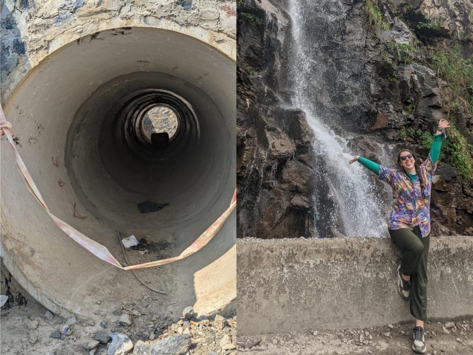 On the left, a storm drain. On the right, the author posing in front of a waterfall.