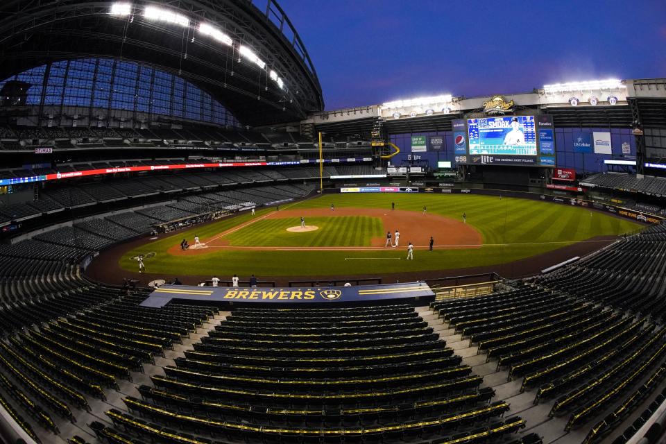 Miller Park at night with empty seats. 