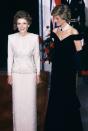 <p>A White House state dinner brought First Lady Nancy Reagan and Princess Diana together. The First Lady wore a long sleeve beaded evening gown, while the Princess had on a midnight blue velvet off-the-shoulder Victor Edelstein dress.</p>