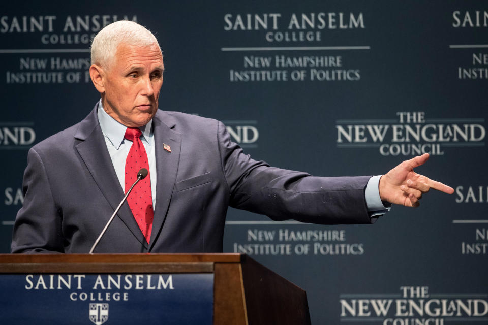 Former Vice President Mike Pence speaks at a Politics & Eggs event at the New Hampshire Institute Politics at St. Anselm College on Aug. 17, 2022, in Manchester, New Hampshire. / Credit: Scott Eisen / Getty Images