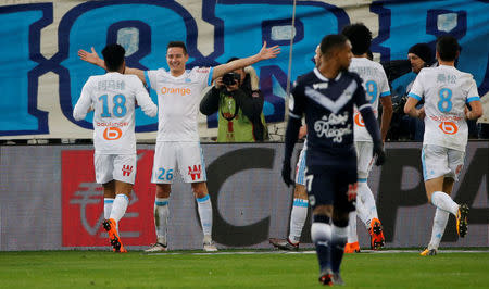 Soccer Football - Ligue 1 - Olympique de Marseille vs Bordeaux - Orange Velodrome, Marseille, France - February 18, 2018 Marseille's Florian Thauvin celebrates scoring their first goal REUTERS/Jean-Paul Pelissier